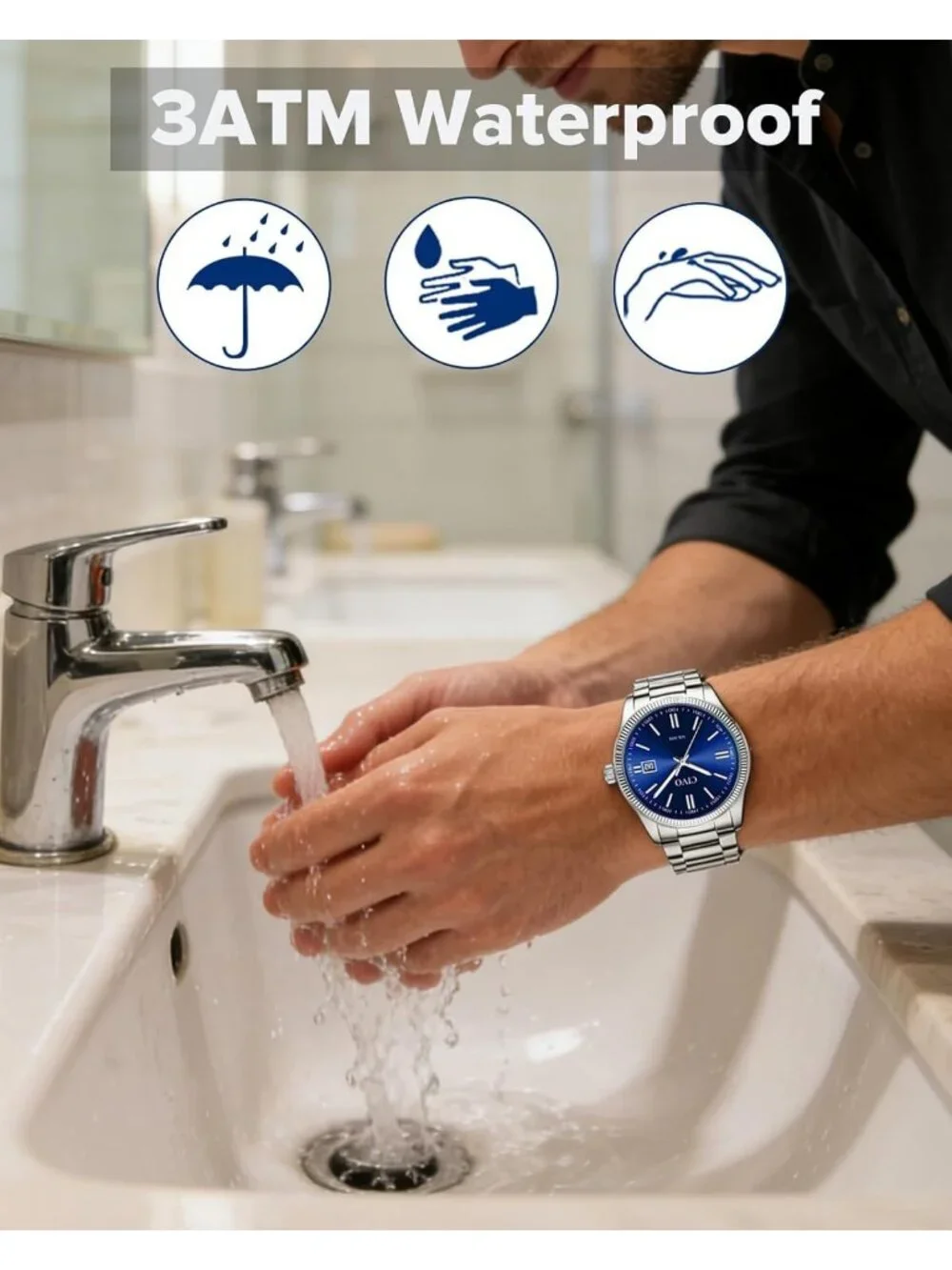 Mens Silver Blue Analog Quartz Skeleton Stainless Steel Round Casual Wrist Watch